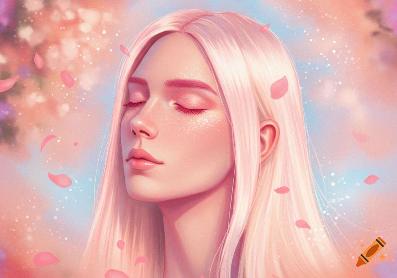 Digital painting of a person with pink hair and closed eyes, surrounded by falling pink petals in a dreamy, pastel setting.