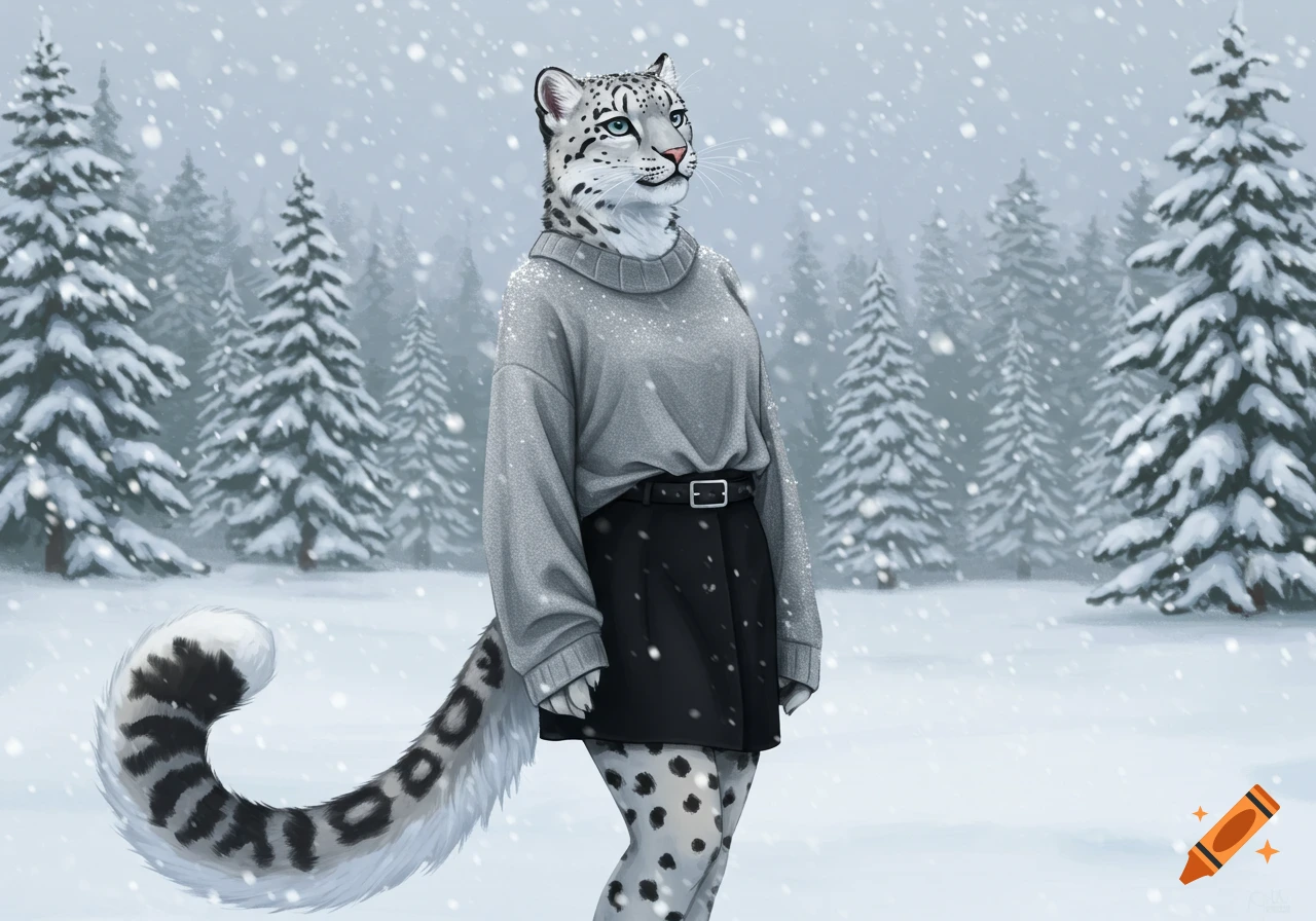 Anthropomorphic snow leopard in a gray sweater and black skirt stands in a snowy forest.