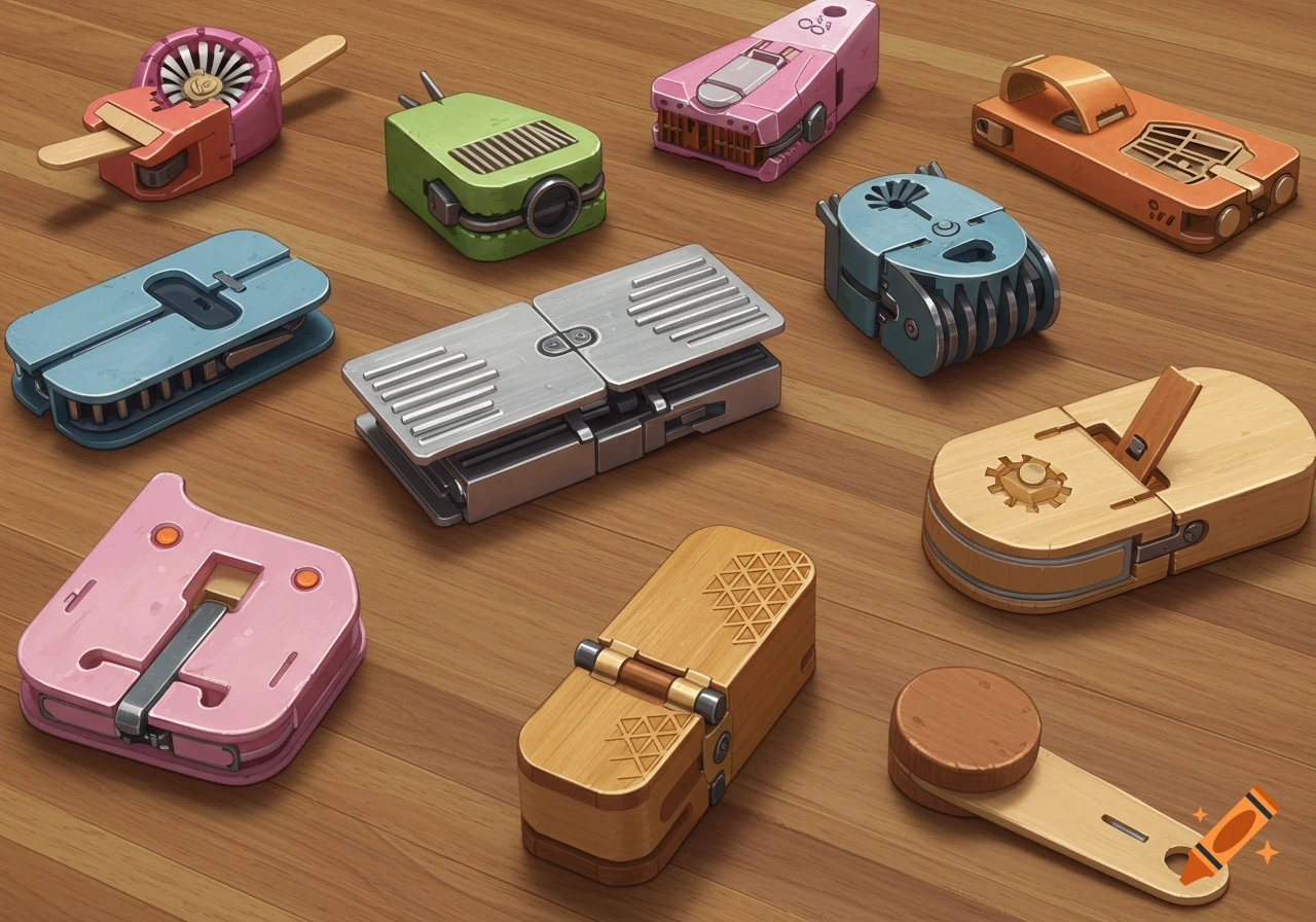 Ten colorful, unique pocket-sized mechanical gadgets are arranged on a wooden table, seen from a top-down view.