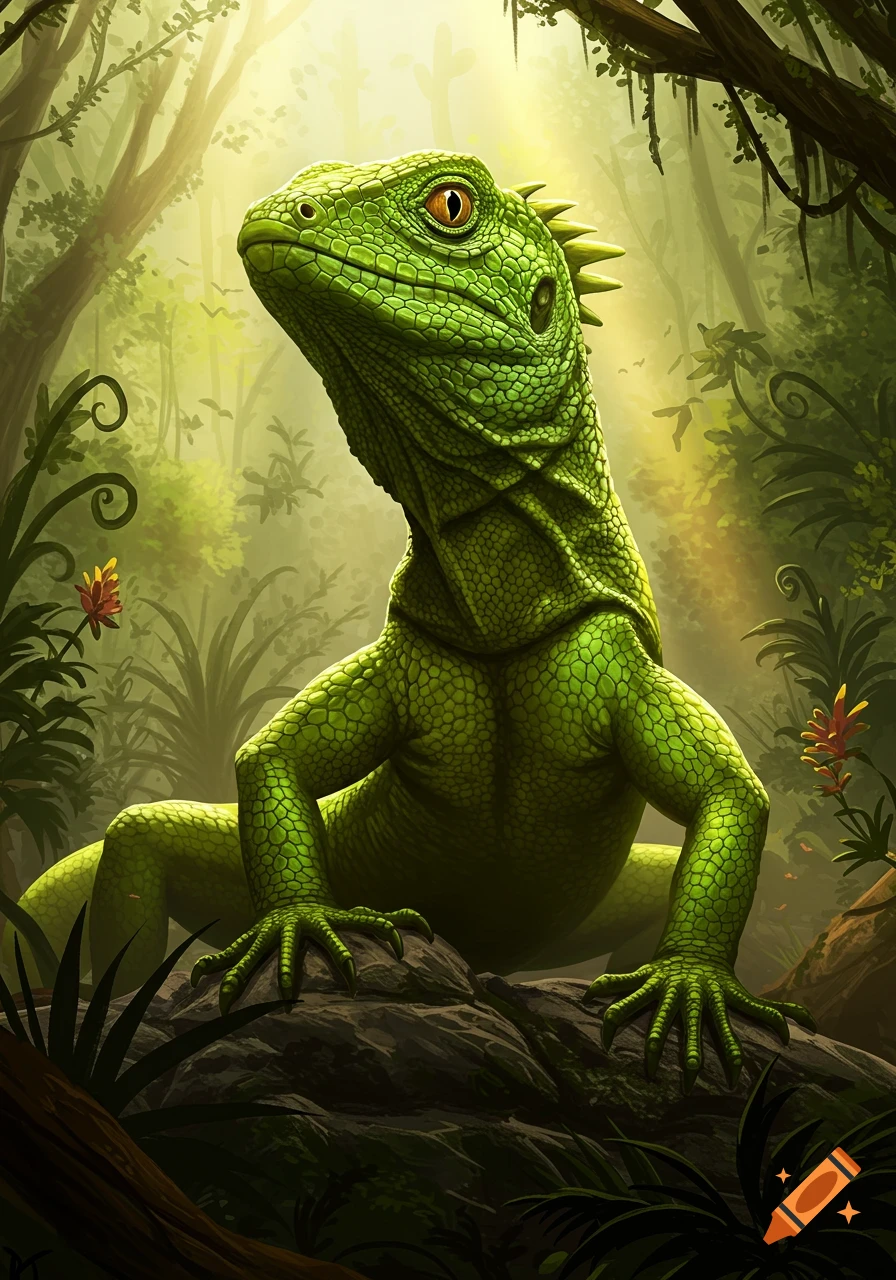 A vibrant green lizard with orange eyes sits on rocks in a sunlit, lush jungle environment, detailed scales visible.