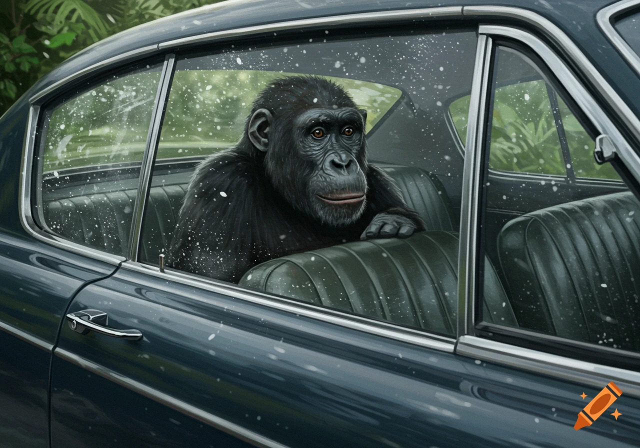 Photorealistic image of a chimpanzee sitting in the back seat of a dark blue classic car, looking out a speckled windshield, with a jungle background.