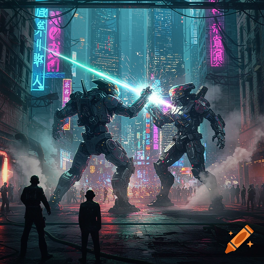 Two large robots battle in a neon-lit cyberpunk city with human onlookers.
