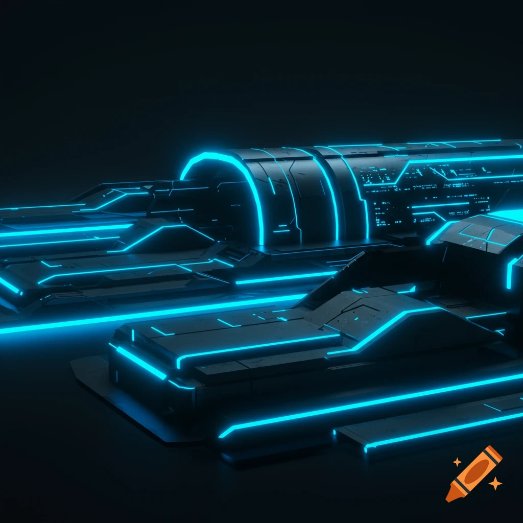 Dark futuristic structure with glowing blue neon lines and circuit patterns.
