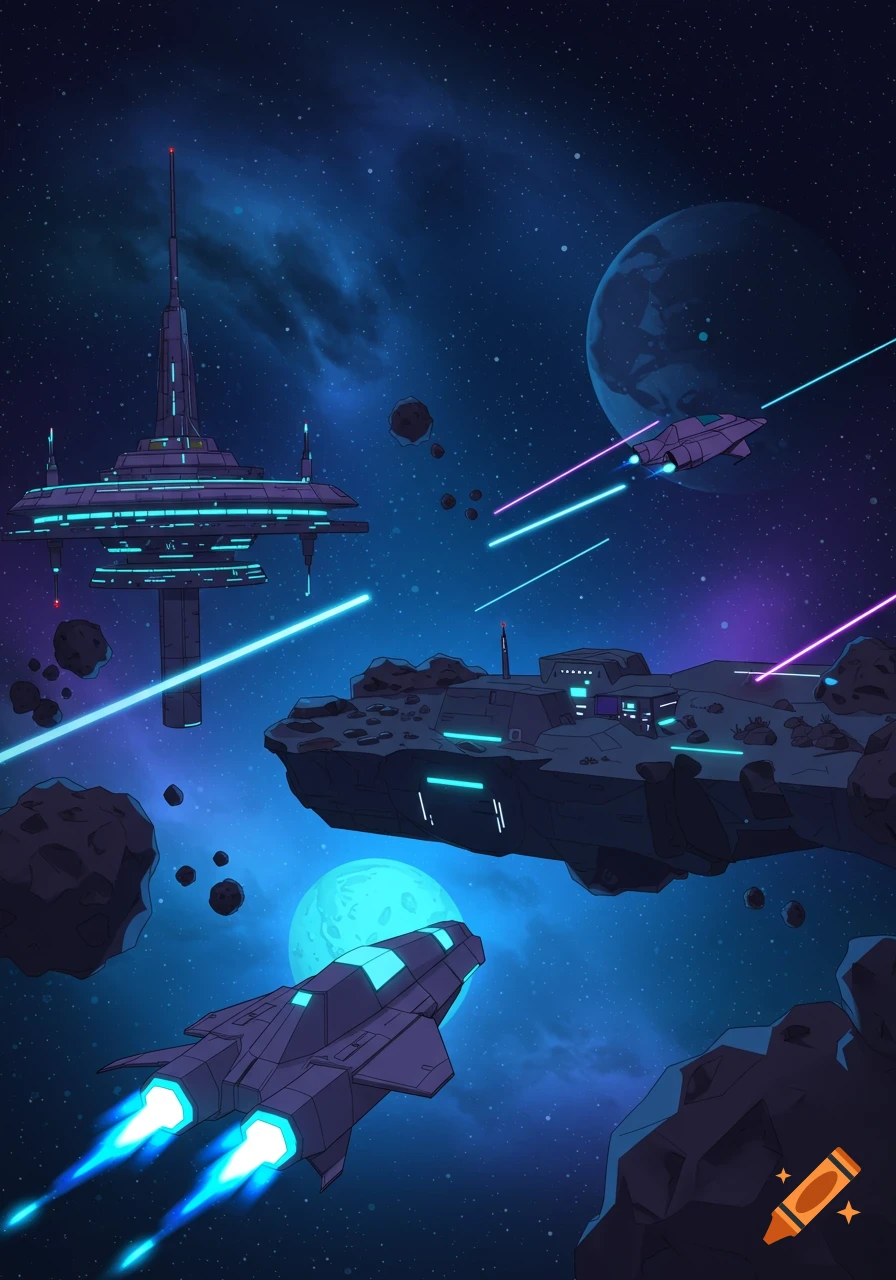 Vibrant 2D cartoon illustration of spaceships and a space station among asteroids and planets in deep space.