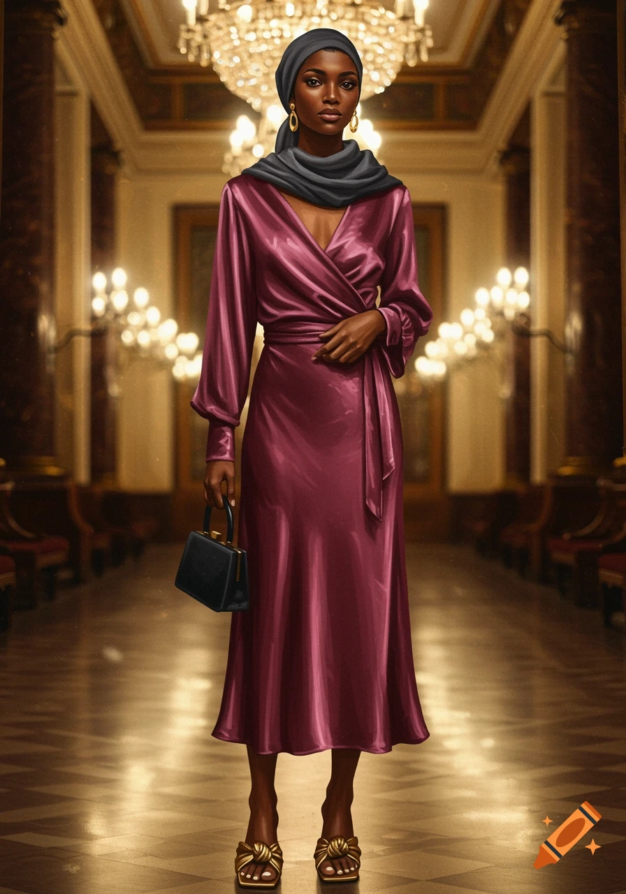 Photorealistic portrait of a lady in a deep rose satin gown and dark grey hijab, holding a black bag, standing in a grand hall.