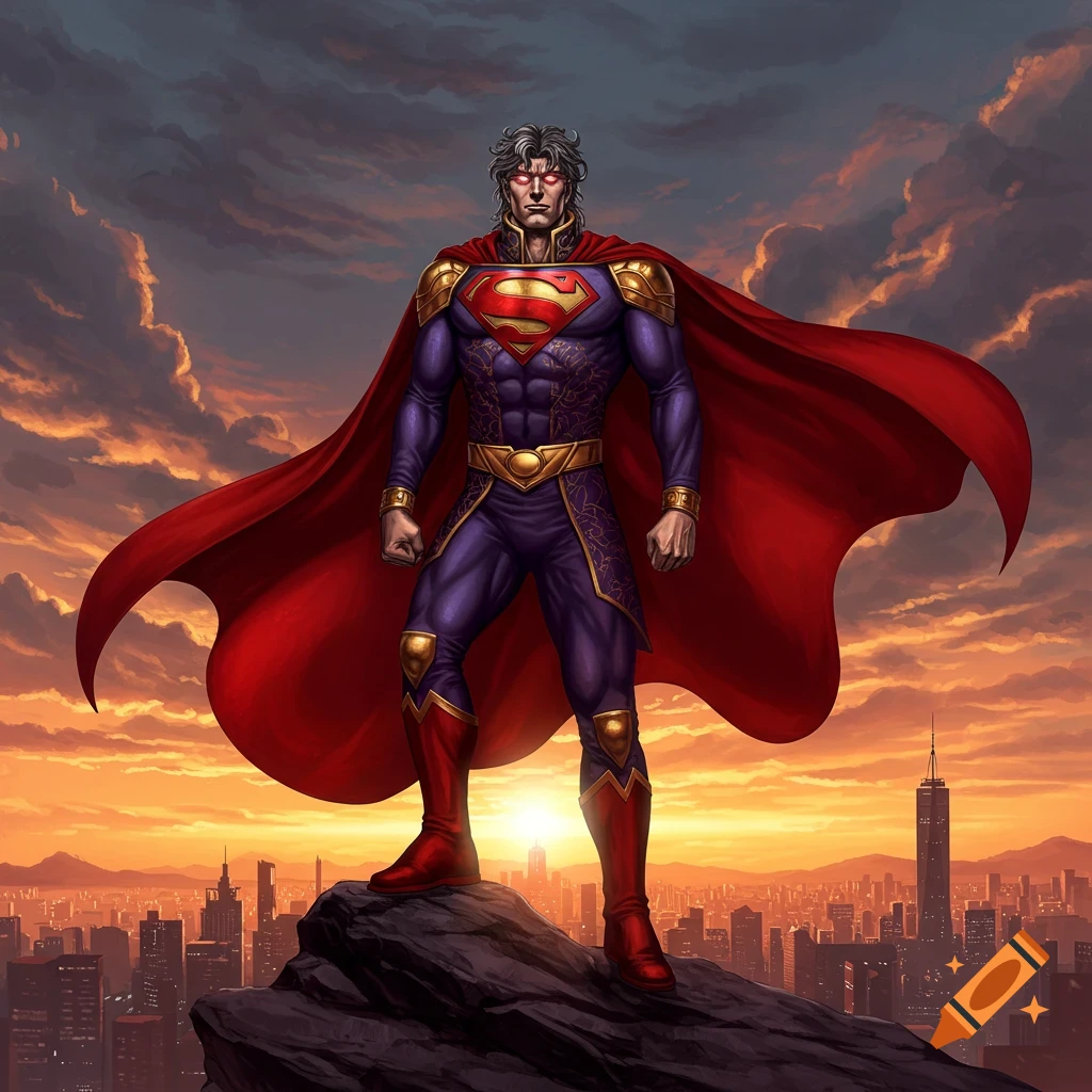 A Superman-like figure with a red cape, purple suit, and 'S' logo stands on a rock overlooking a city at sunset.