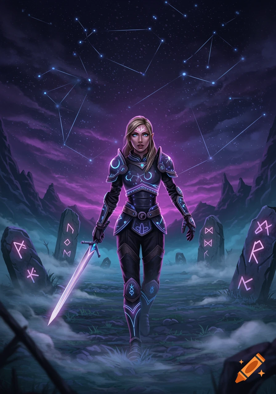 A blonde elf-like warrior in glowing blue armor with a sword walks through a foggy, runic landscape under a starry, purple night sky.