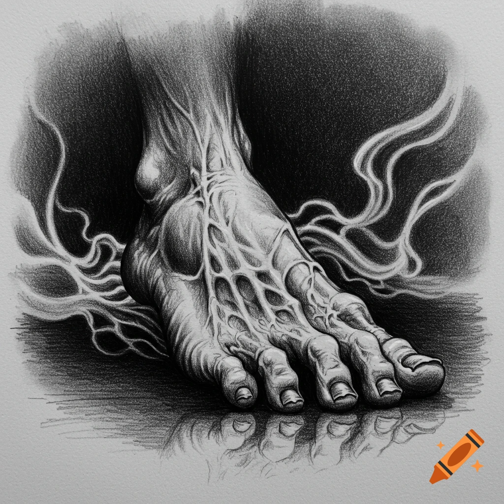 Pencil drawing of a human foot with prominent, glowing veins, casting a reflection.