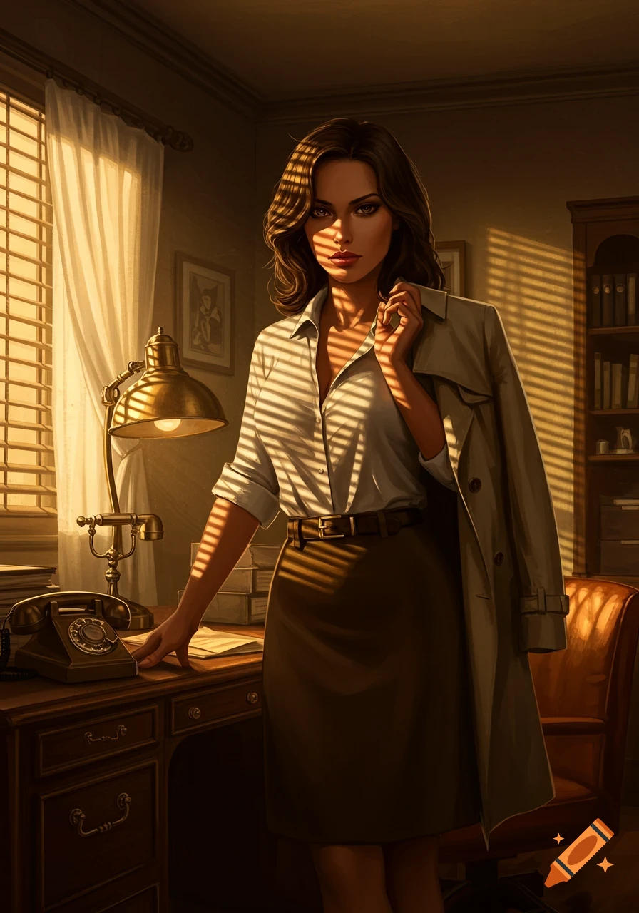 A stylized portrait of a dark-haired woman in a classic office setting, bathed in warm light filtering through blinds, holding a trench coat, with an antique phone on the desk.
