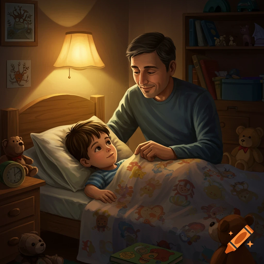 An illustration of a father leaning over his son's bed at night, illuminated by a warm lamp, as the boy looks up at him.