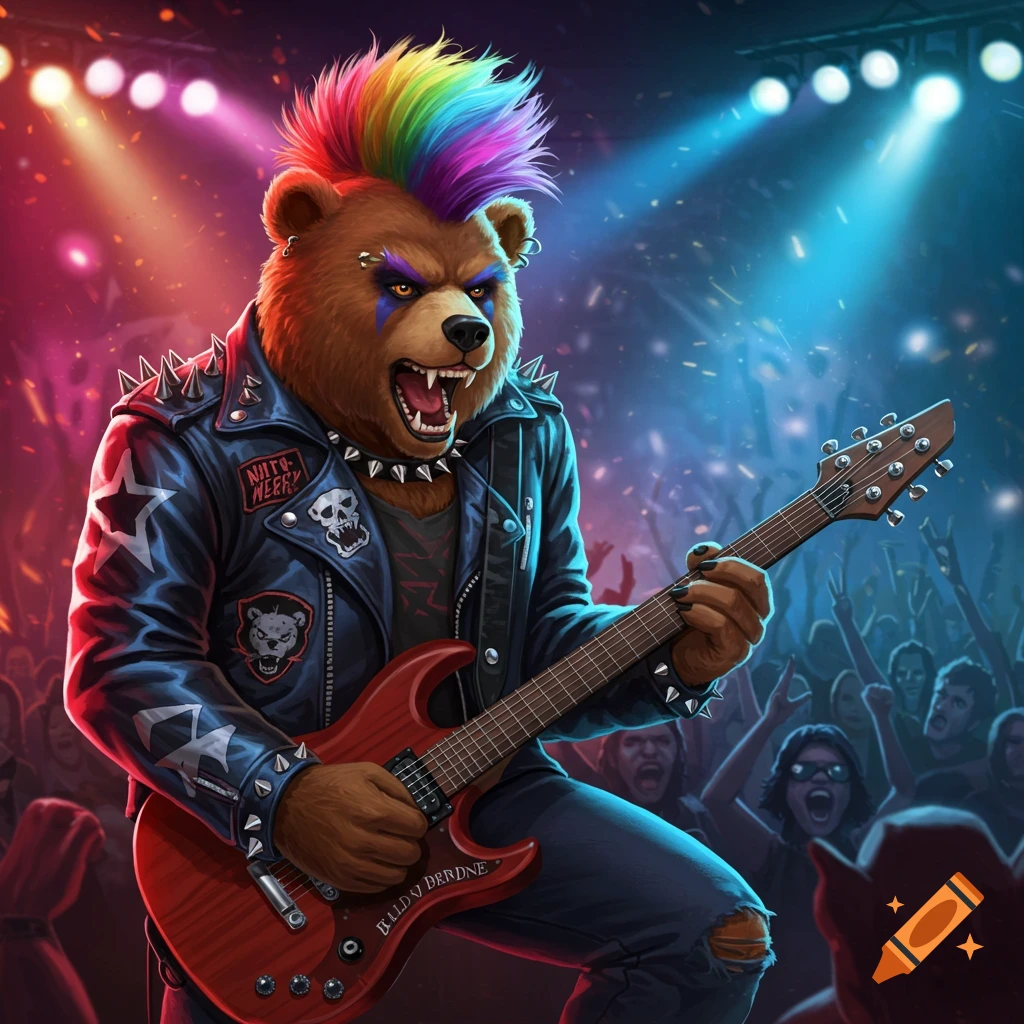 An anthropomorphic bear with a rainbow mohawk and leather jacket playing a red electric guitar at a rock concert.