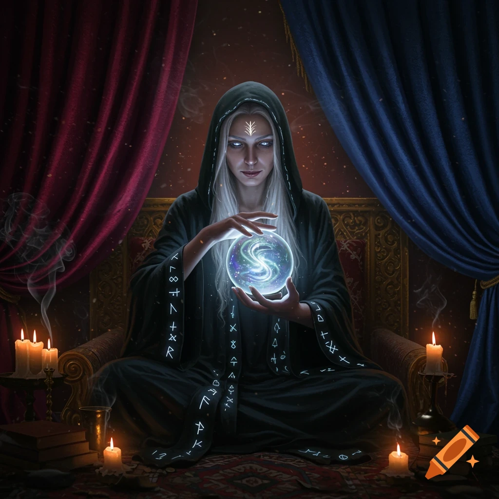 A robed witch with white hair and glowing eyes gazes into a luminous crystal ball, surrounded by candles and drapes in a dark, magical room.