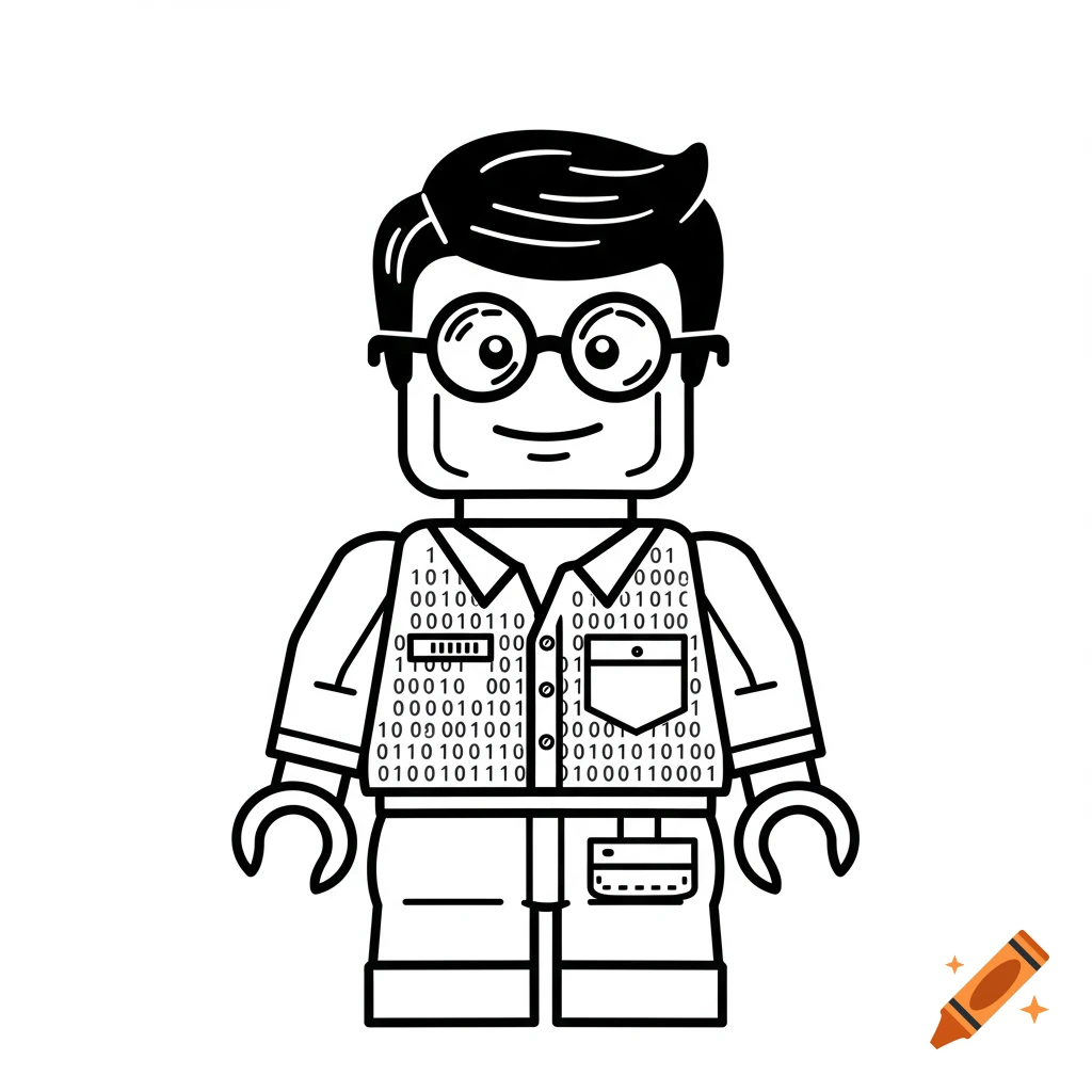 A black and white outline illustration of a Lego-style character, a programmer nerd, wearing glasses and a shirt covered in binary code, standing front-on.