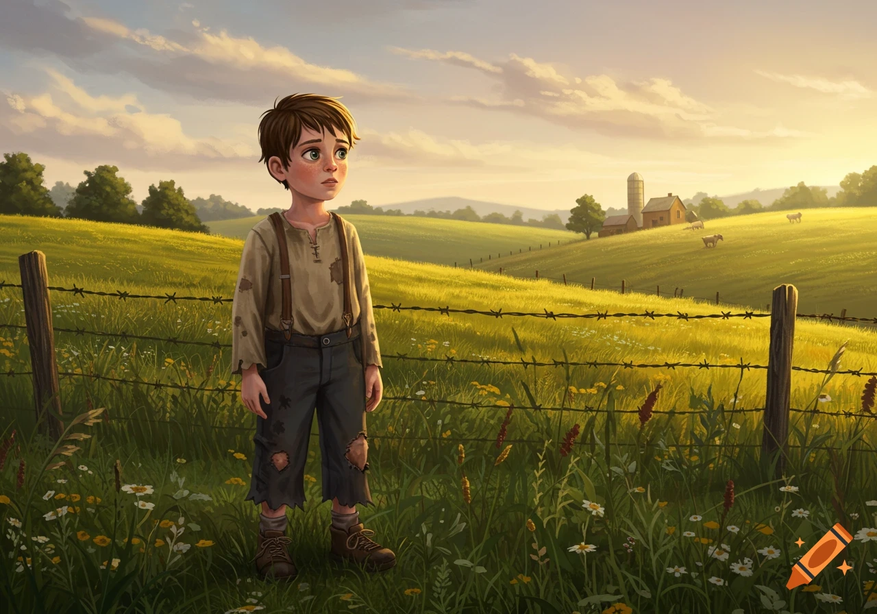 An illustrated image of a young boy with dirty clothes and suspenders standing in a grassy field with a barbed wire fence. A farm and rolling hills are in the background under a sunset sky.