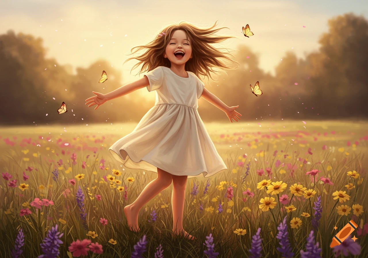 A joyful young girl with arms outstretched runs through a sunny field of colorful wildflowers as butterflies flutter around her.