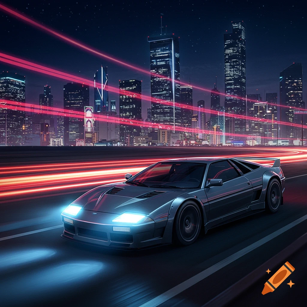 A sleek, grey futuristic car drives at night on a highway with red light trails, passing a bright city skyline.