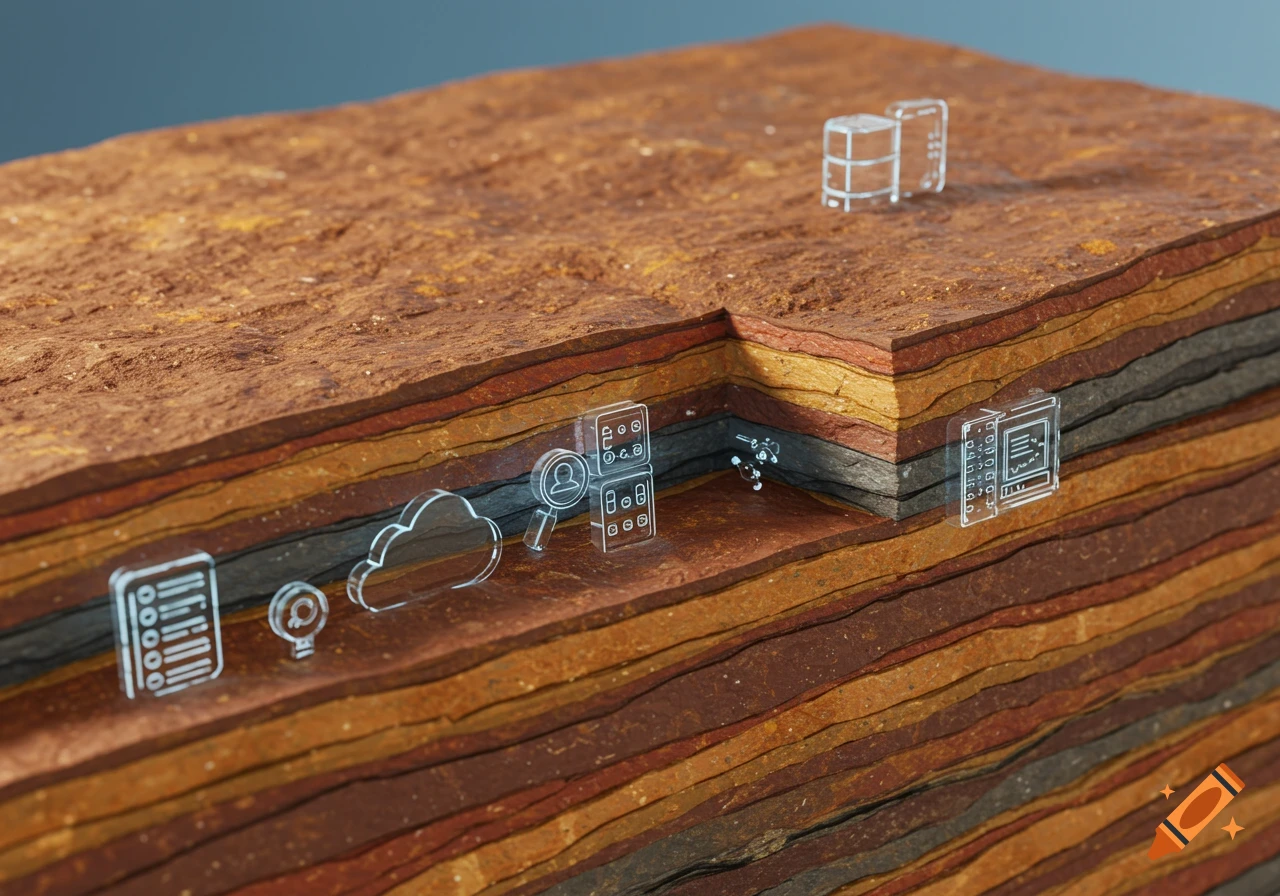 3D rendering of layered rock strata with translucent digital data icons and servers embedded within the layers.