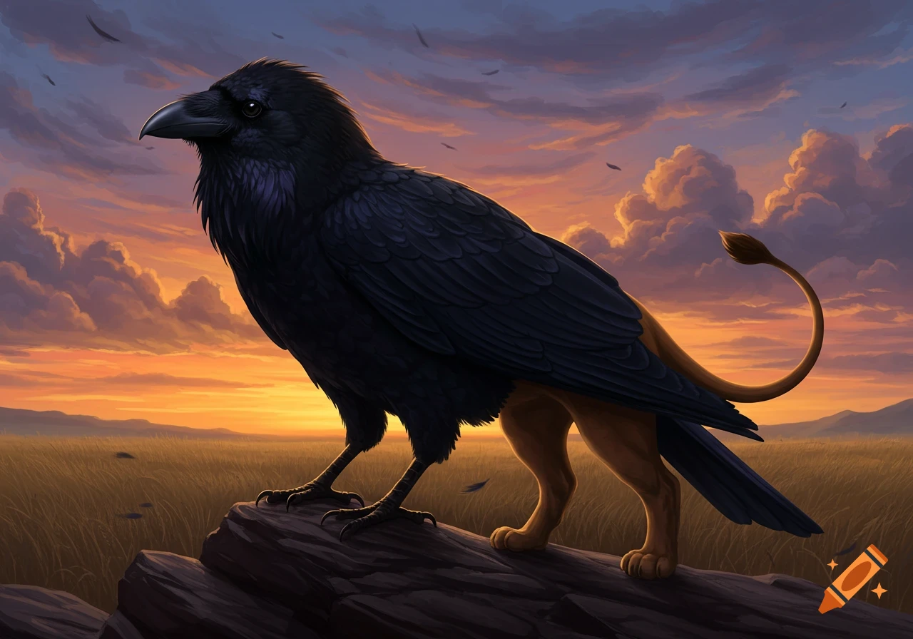 A majestic black raven-lion hybrid stands on a rock at sunset in a golden field, with a vibrant orange and purple sky.