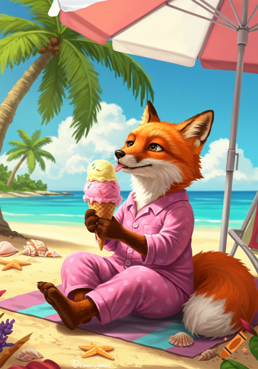 An anthropomorphic fox in pink pajamas sits on a beach towel, licking a large ice cream cone under a colorful beach umbrella on a sunny tropical beach.
