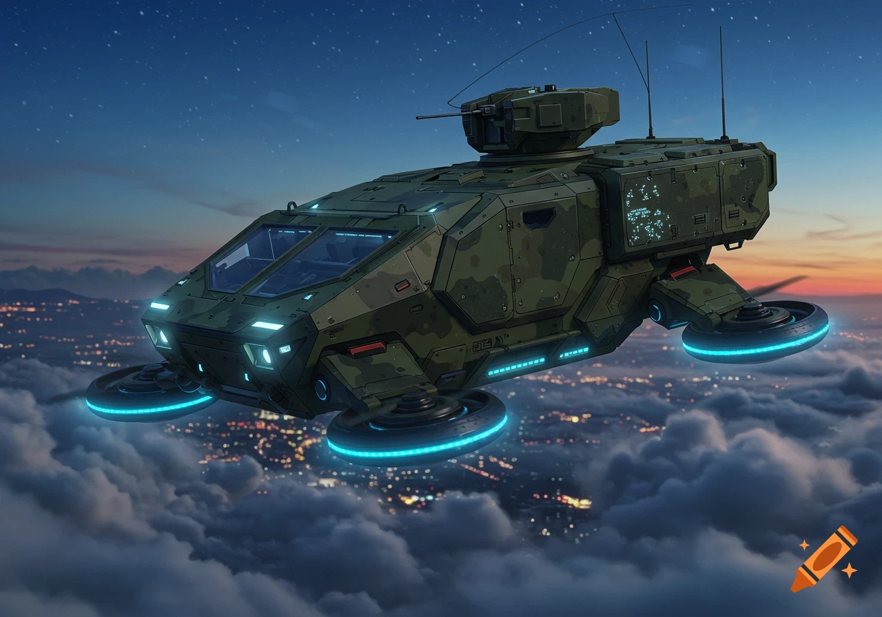 A futuristic military hovercraft with camouflage paint and glowing blue lights flies above clouds over a city at dusk.