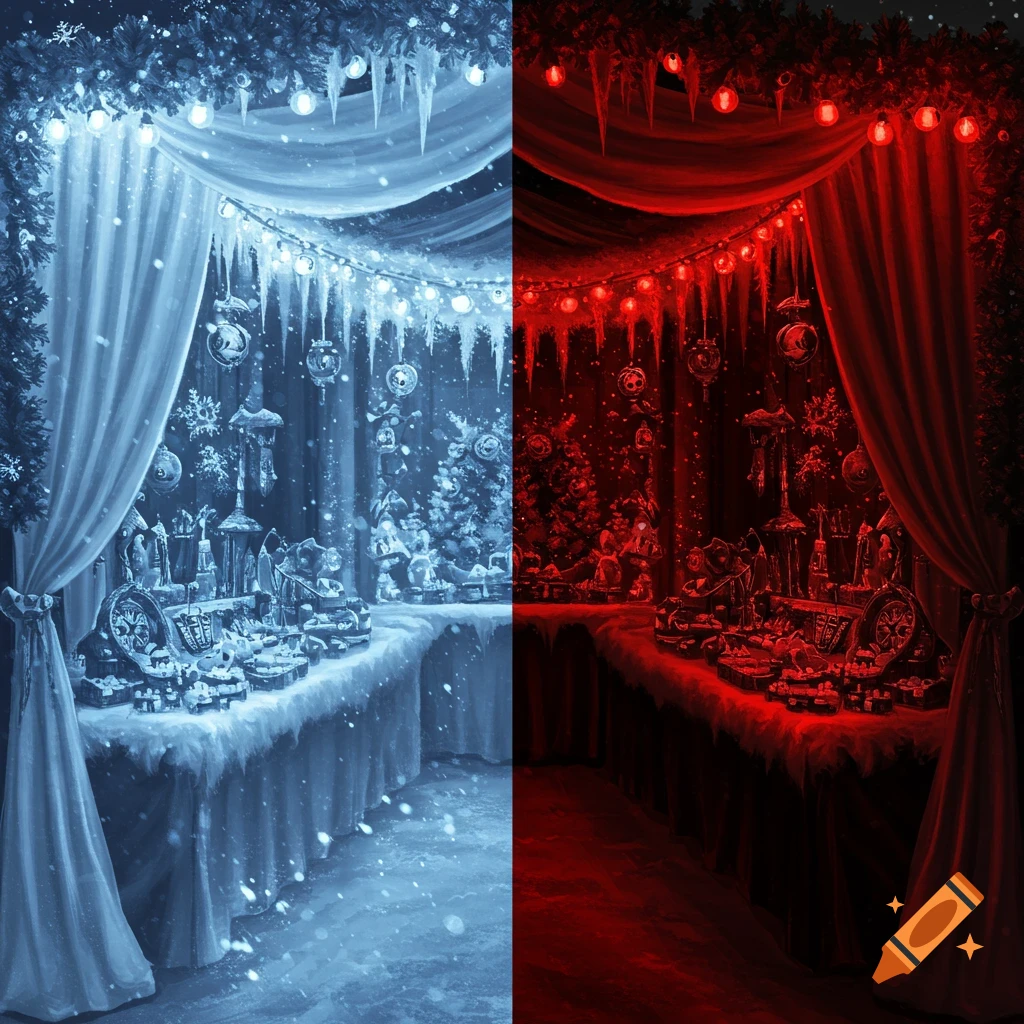 A split Christmas booth, one half icy blue with snow, the other half dark red. Both sides are adorned with gothic holiday trinkets and lights.