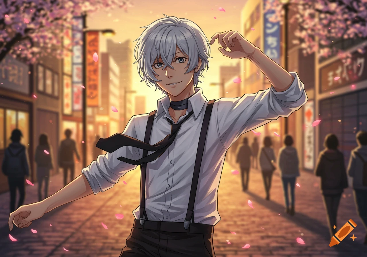An anime character with white hair and a white shirt with suspenders smiles on a cherry blossom-lined street at sunset.