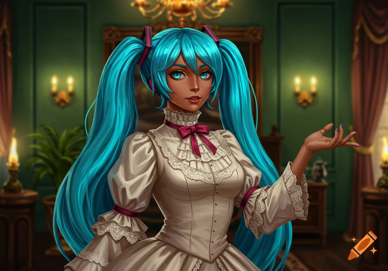 A Victorian woman with blue pigtails and blue eyes, wearing a white ruffled dress, stands in a richly decorated green room.