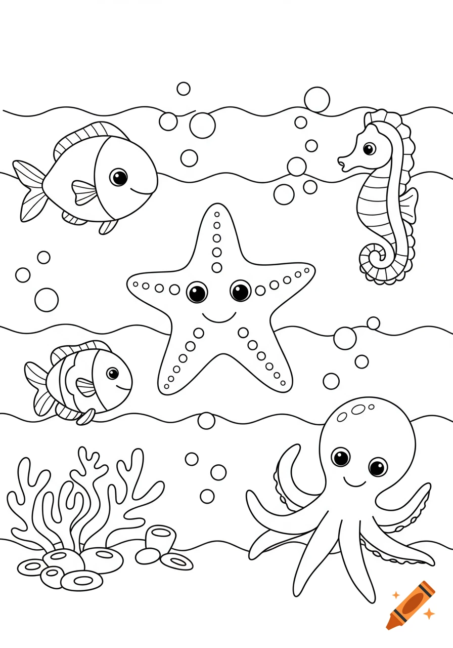 Black and white coloring page featuring simple cartoon underwater animals: two fish, a starfish, a seahorse, and an octopus.