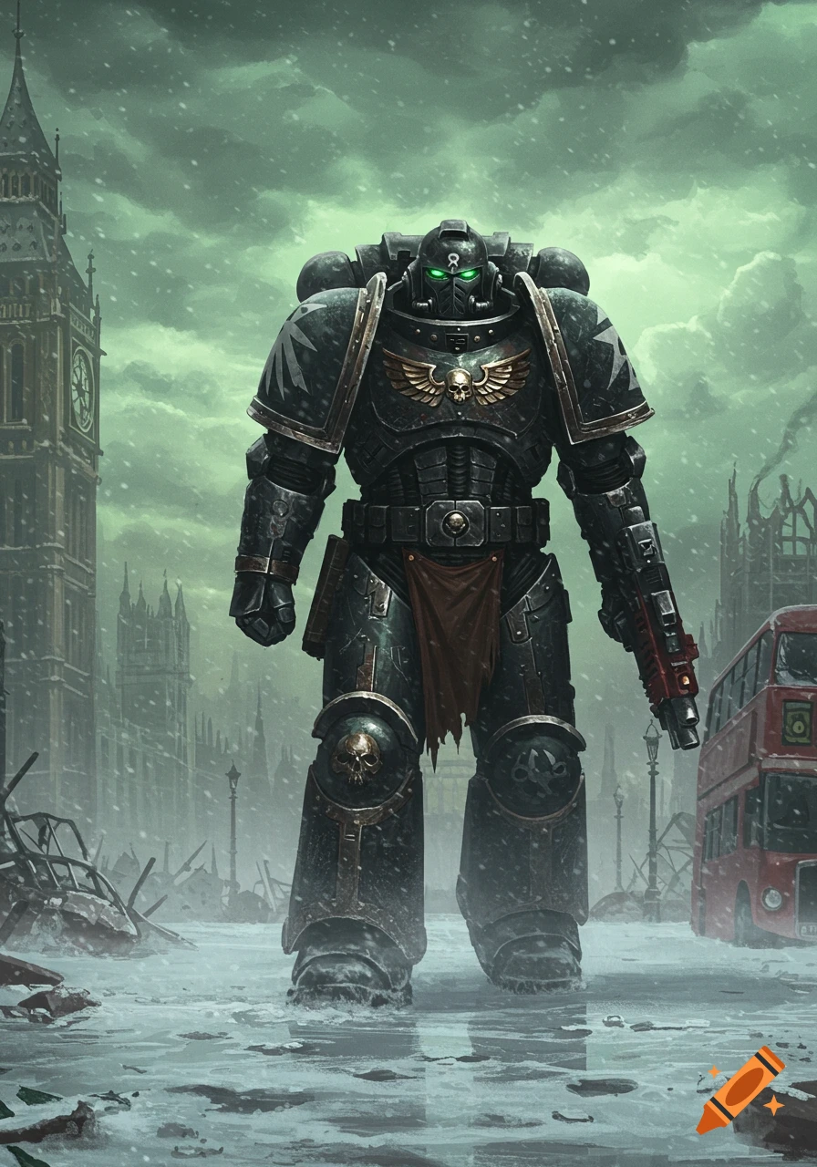 A heavily armored Warhammer Space Marine walks through a snow-covered, ruined London, with Big Ben and a red bus visible in the background.