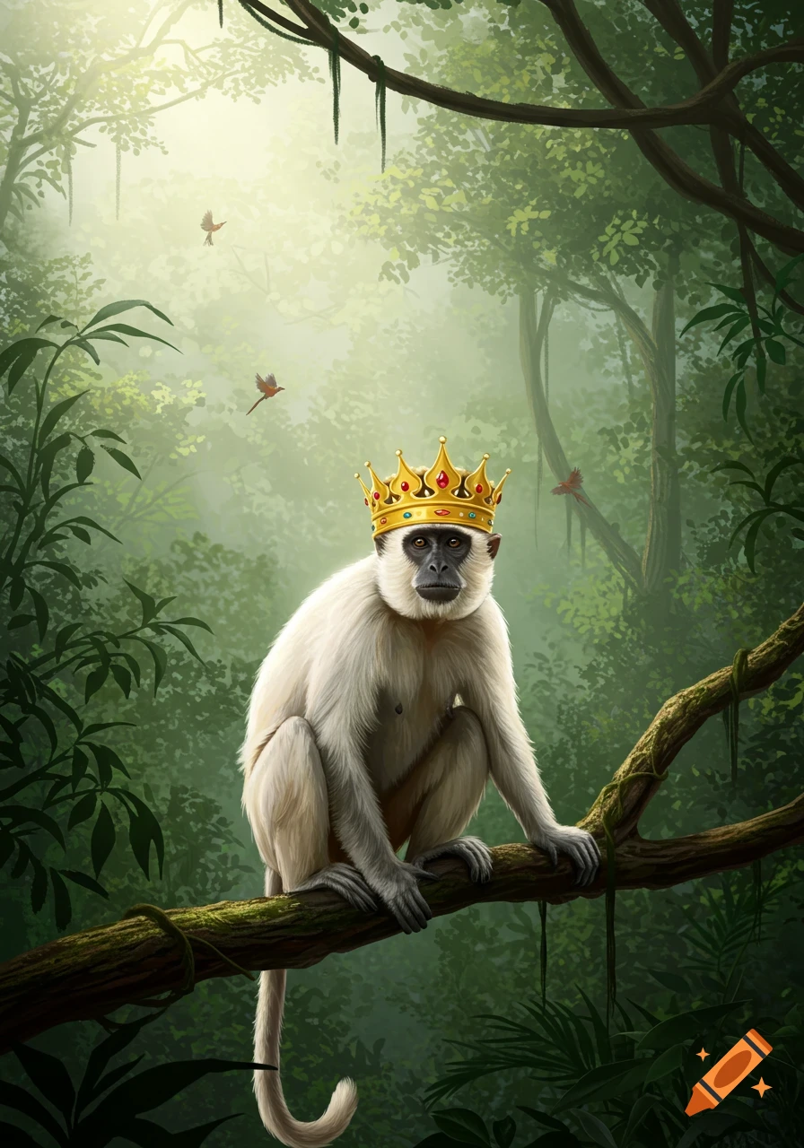 A white monkey wearing a golden crown sits on a tree branch in a lush, sunlit jungle with birds flying.