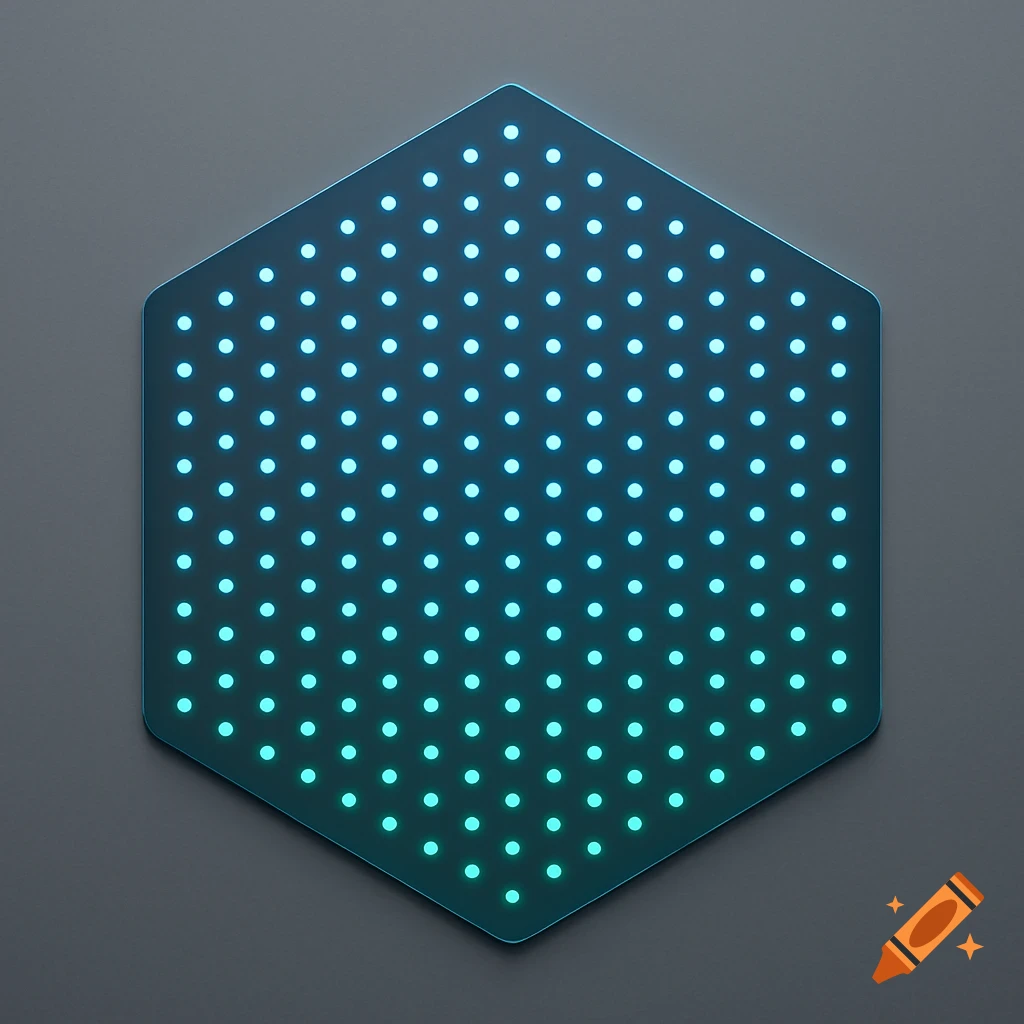 A dark blue hexagonal shape filled with glowing cyan dots on a gray background.