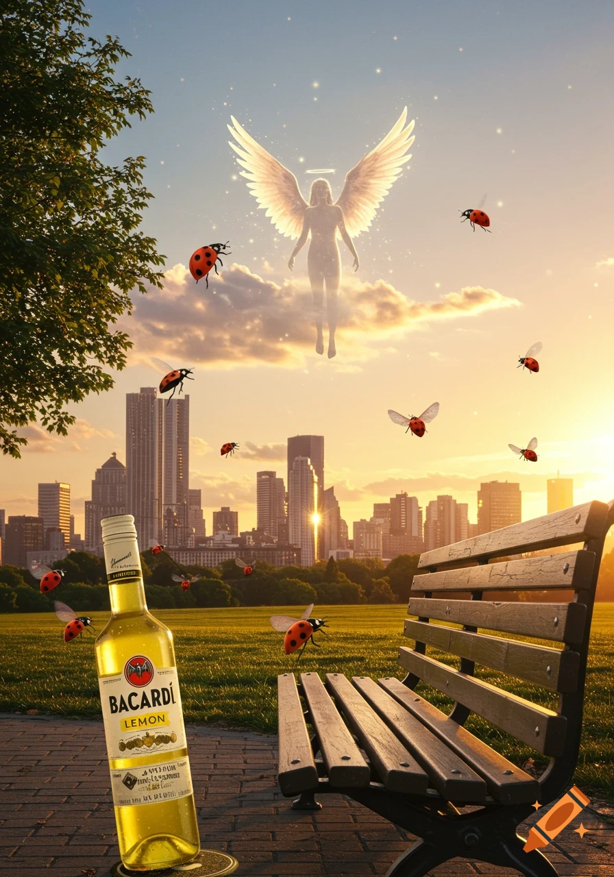 A bottle of Bacardi Lemon in a park with a city skyline at sunset, an angel in the sky, and flying ladybugs.