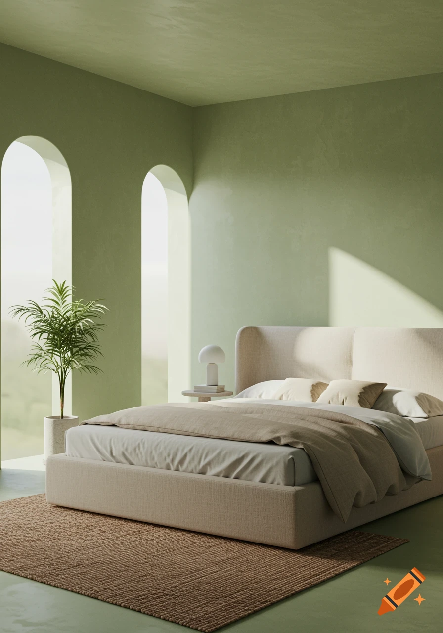 A modern minimalist bedroom with sage green lime washed walls, a beige bed, two arched windows, a plant, and a brown rug.