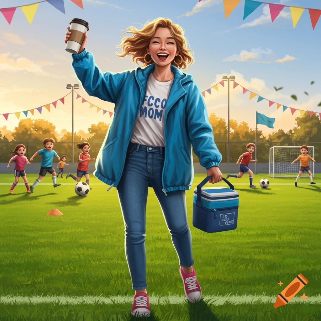 A cheerful cartoon soccer mom in a blue jacket holds a coffee cup and cooler on a sunny field where children play soccer.