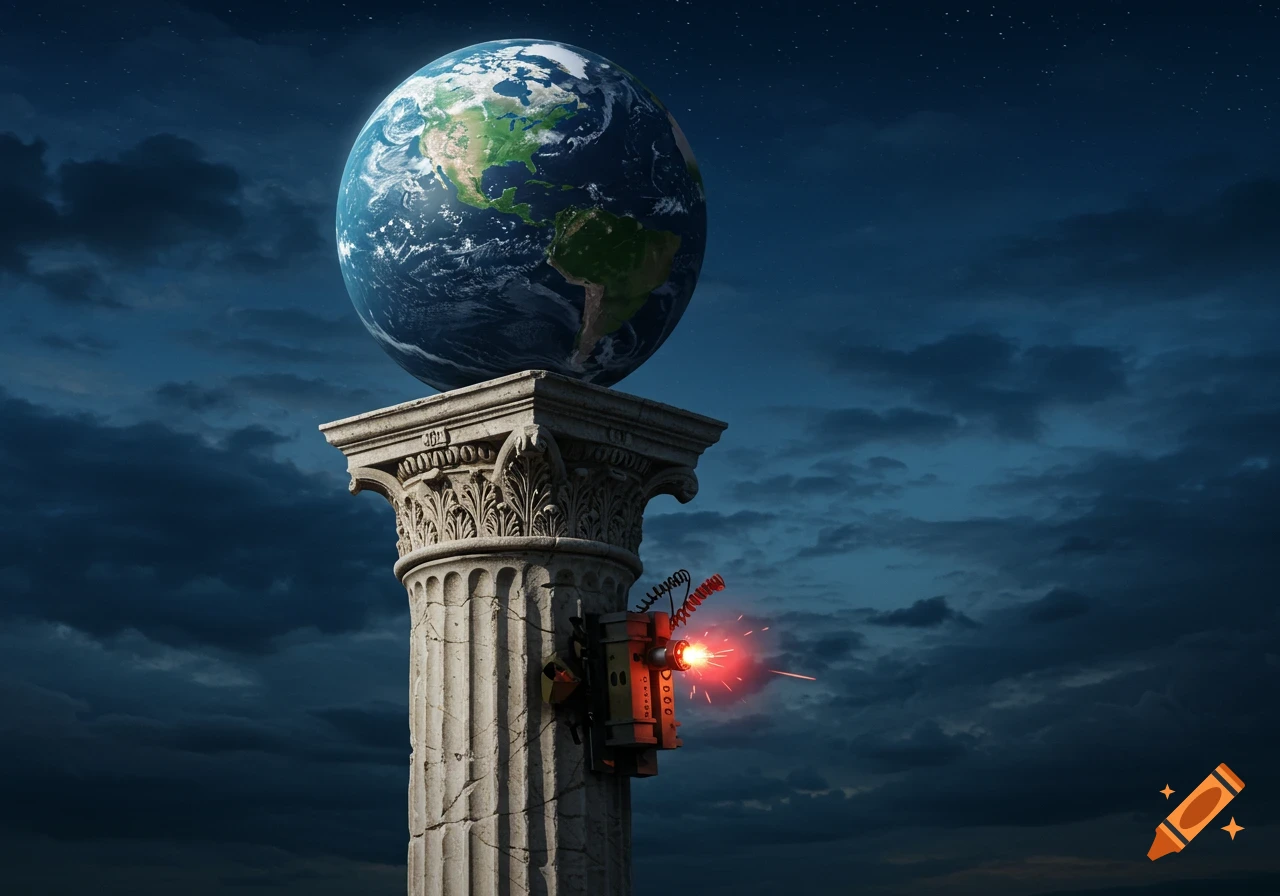 A photorealistic Earth globe sits on a Roman column under a night sky, with a laser demolition charge attached.