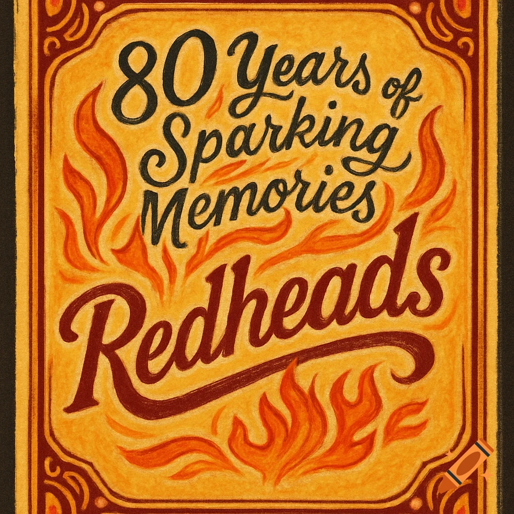 A vintage matchbox design in a hand-drawn chalk art style, featuring '80 Years of Sparking Memories Redheads' text with flame accents.