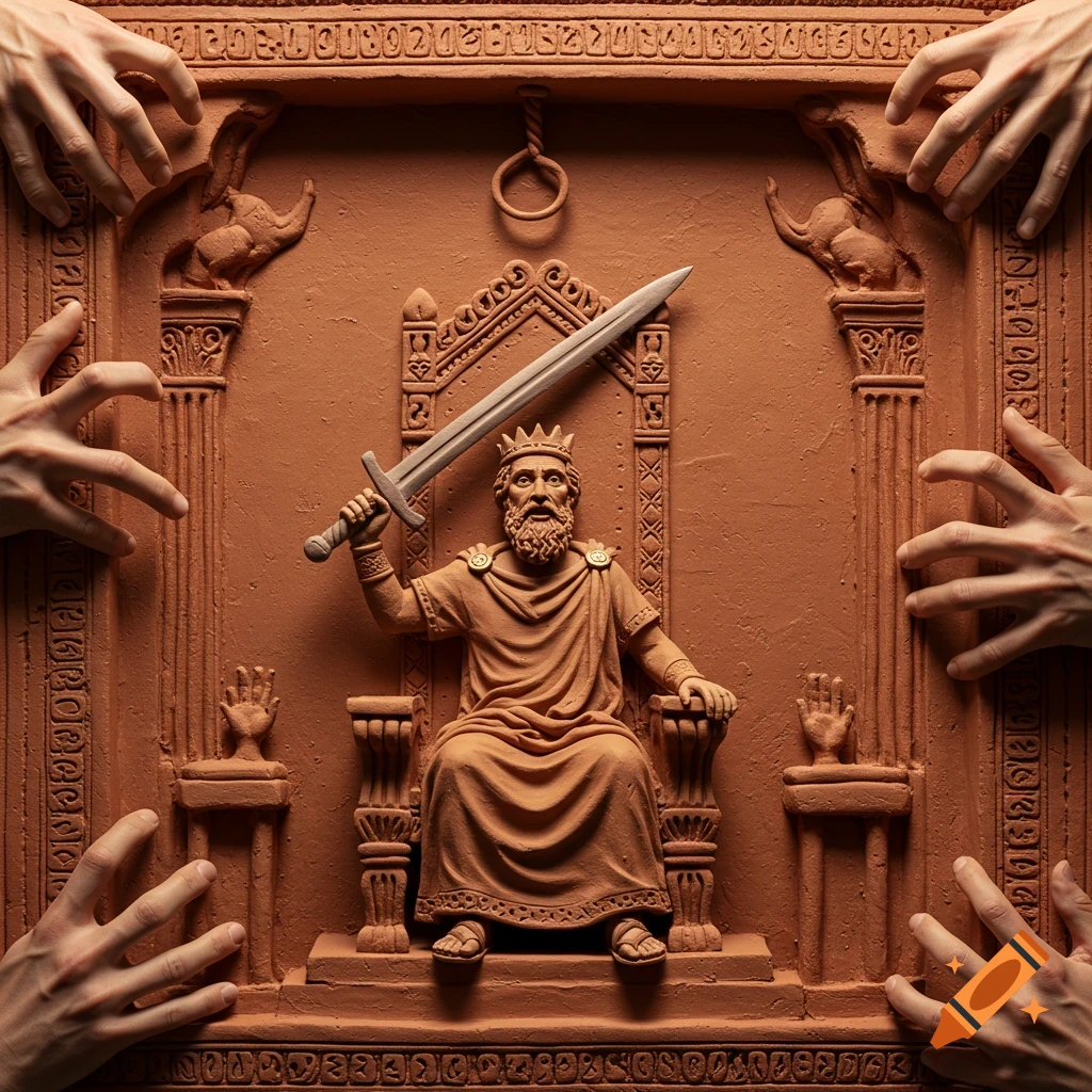 A clay diorama showing King Damocles on a throne with a sword hanging above his head by a single horsehair, surrounded by reaching hands. A noose hangs in the background.