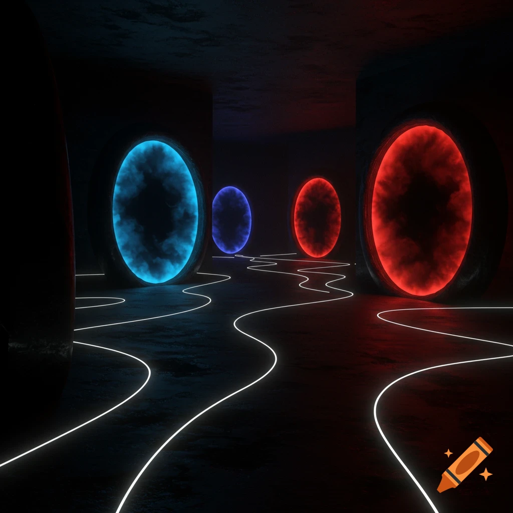 A dark, mysterious room with a glowing path leading to multiple oval portals emitting blue, purple, and red light with black swirls.