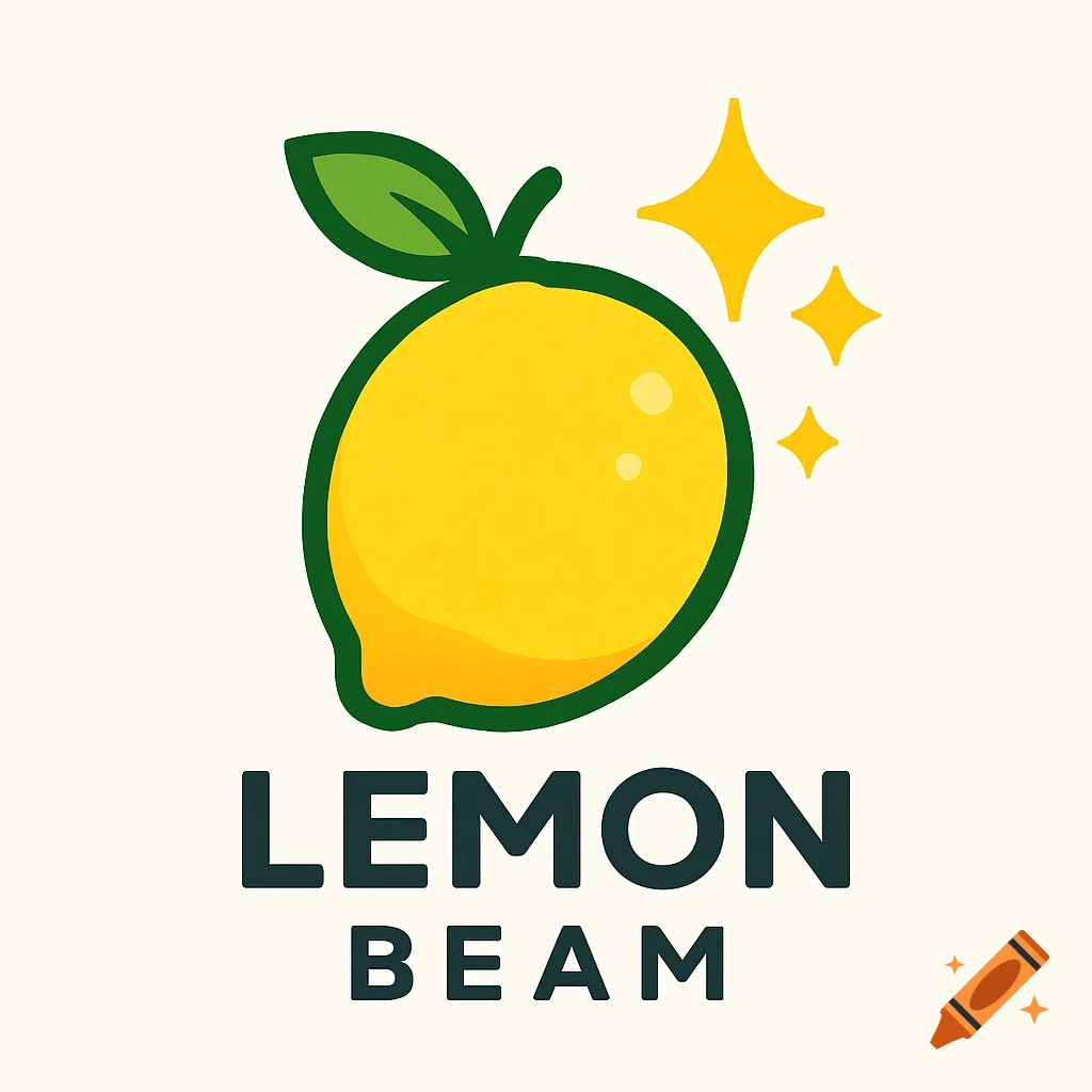 A clean, stylized logo with a yellow lemon, green leaf, three yellow sparkles, and the text LEMON BEAM.