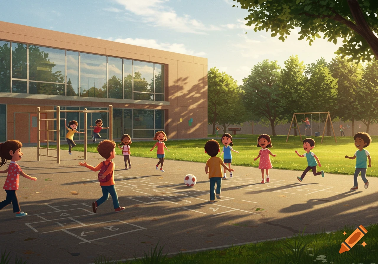 Cartoon illustration of diverse children playing hopscotch and on monkey bars in a bright schoolyard with a building and trees.