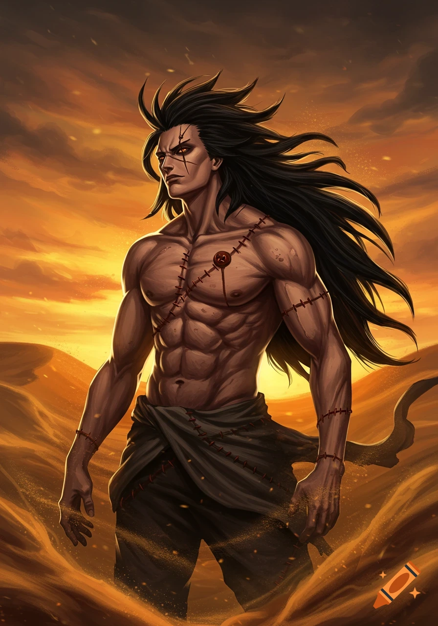 A muscular, dark-haired man with stitches and a scarred face stands in a sandy desert under an orange sky, stylized anime art.