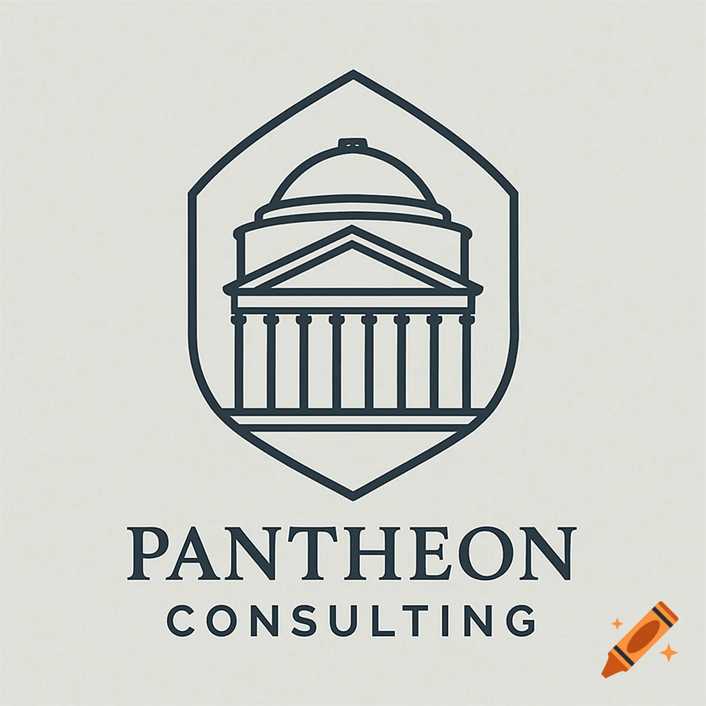 Minimalistic logo with a dark outline of a domed building inside a shield, text reads 'PANTHEON CONSULTING'.