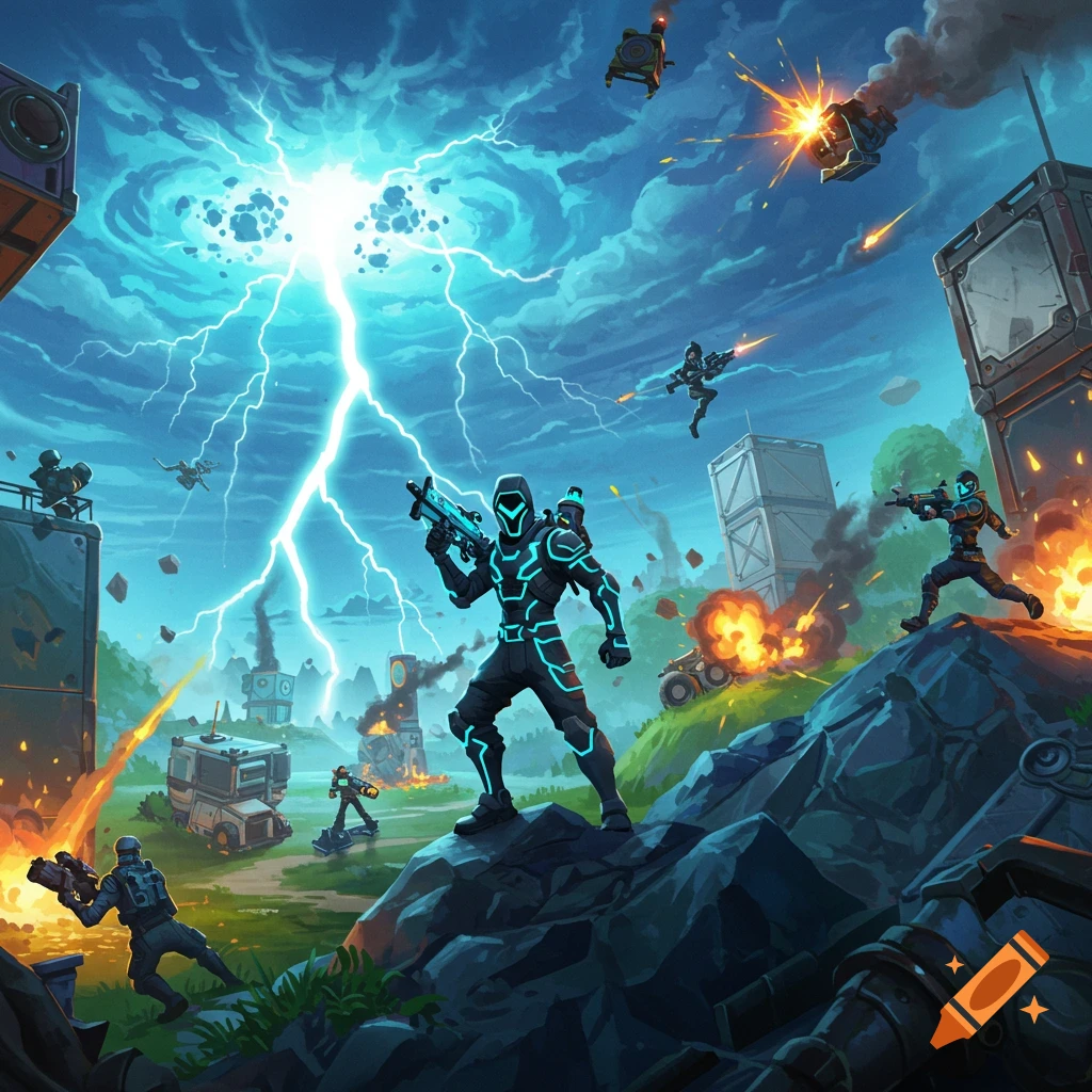 Futuristic soldiers battle in a stylized landscape under a lightning-filled sky, with explosions and gunfire.