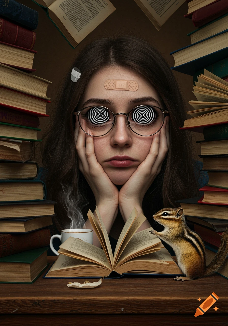 Overwhelmed young woman with spiral eyes and a band-aid surrounded by stacks of books, coffee, and a chipmunk on a desk.