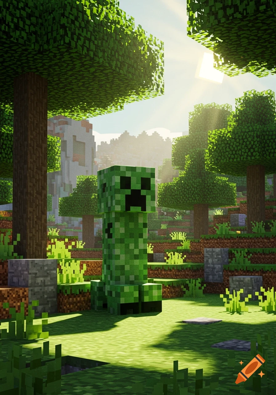 A Minecraft Creeper stands in a blocky forest with sunlight shining through the trees.