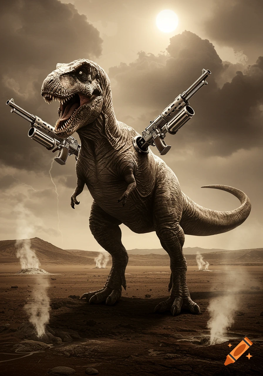 A giant T-Rex with large machine guns mounted on its back stands in a barren, smokey landscape under a dramatic sky with a bright sun.