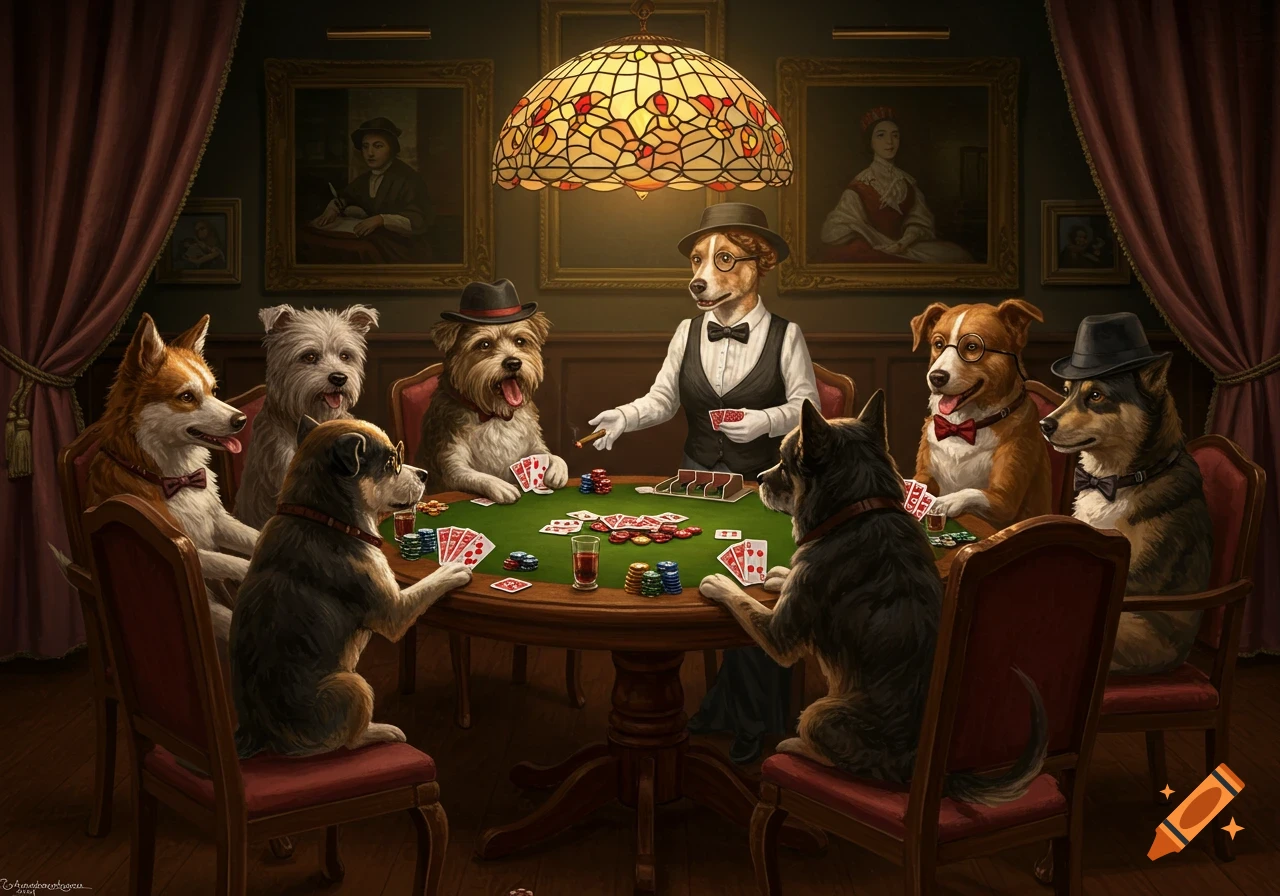 Anthropomorphic dogs in formal attire play poker around a table under a stained glass lamp in a dimly lit room with paintings.