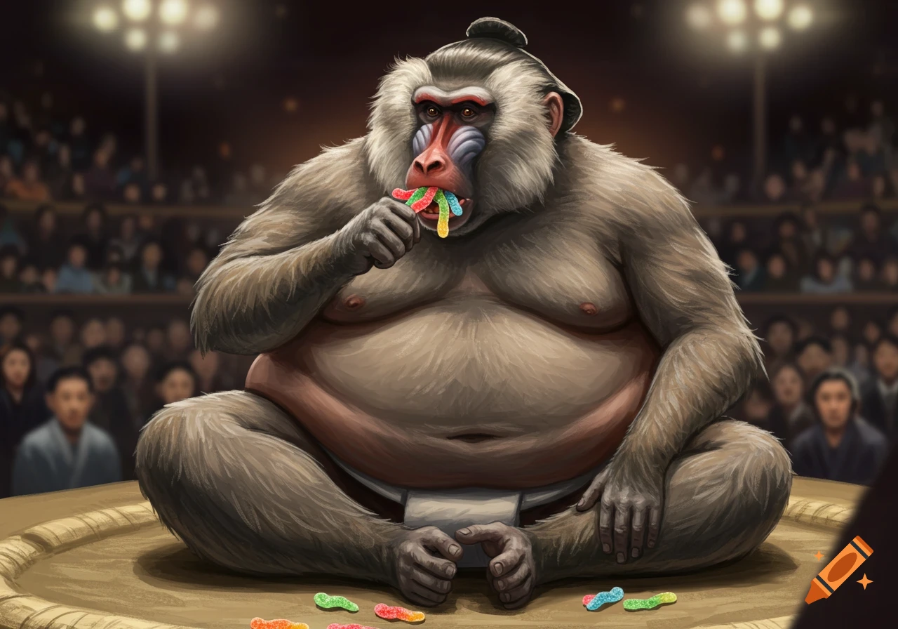 A large, fat baboon in a sumo mawashi sits in a sumo ring, eating gummy worms, with an audience in the background.