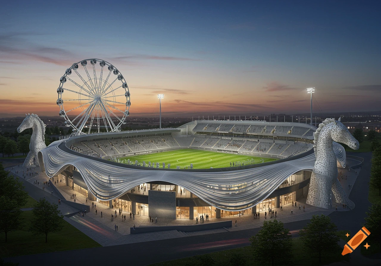 Photorealistic render of a modern stadium with a large Ferris wheel and two horse sculptures under a twilight sky.