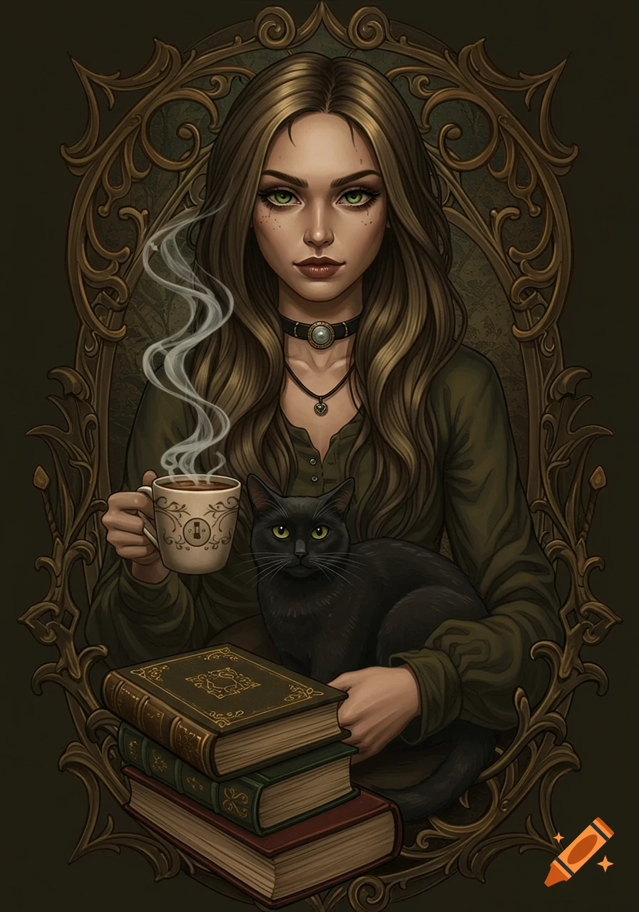 Stylized fantasy portrait of a woman with long hair, green eyes, holding coffee, petting a black cat, with books.